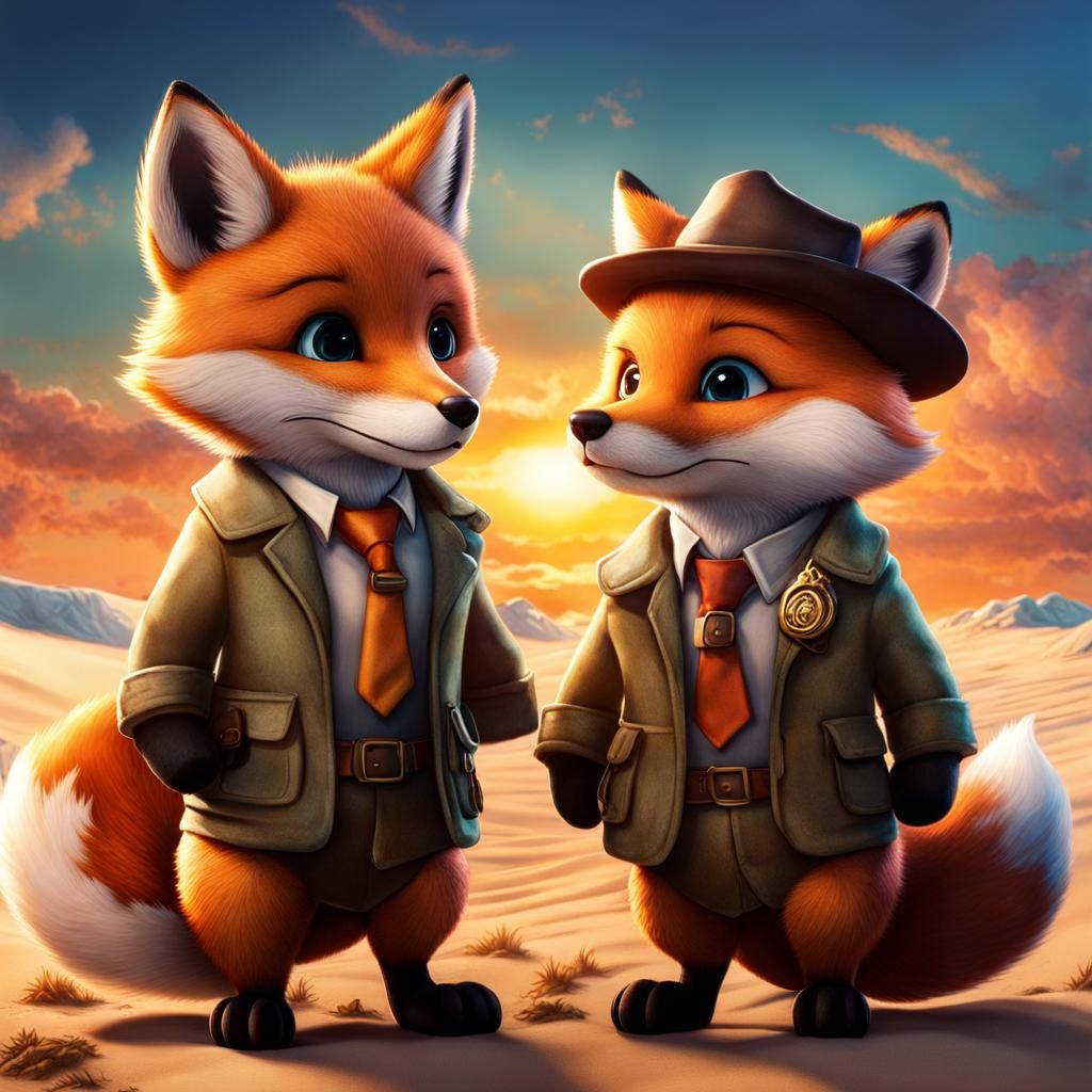 Fox Detectives on Sandy Beach in Romantic Style