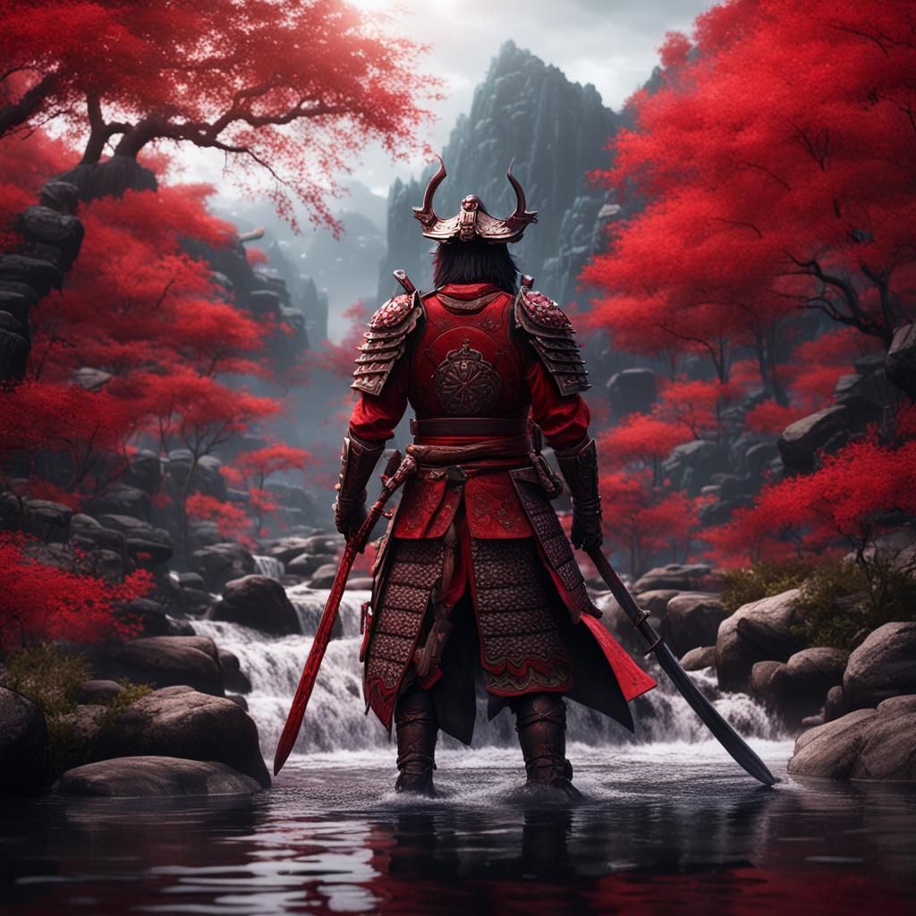 Red Armored Samurai in Blood Creek: Fantasy Art
