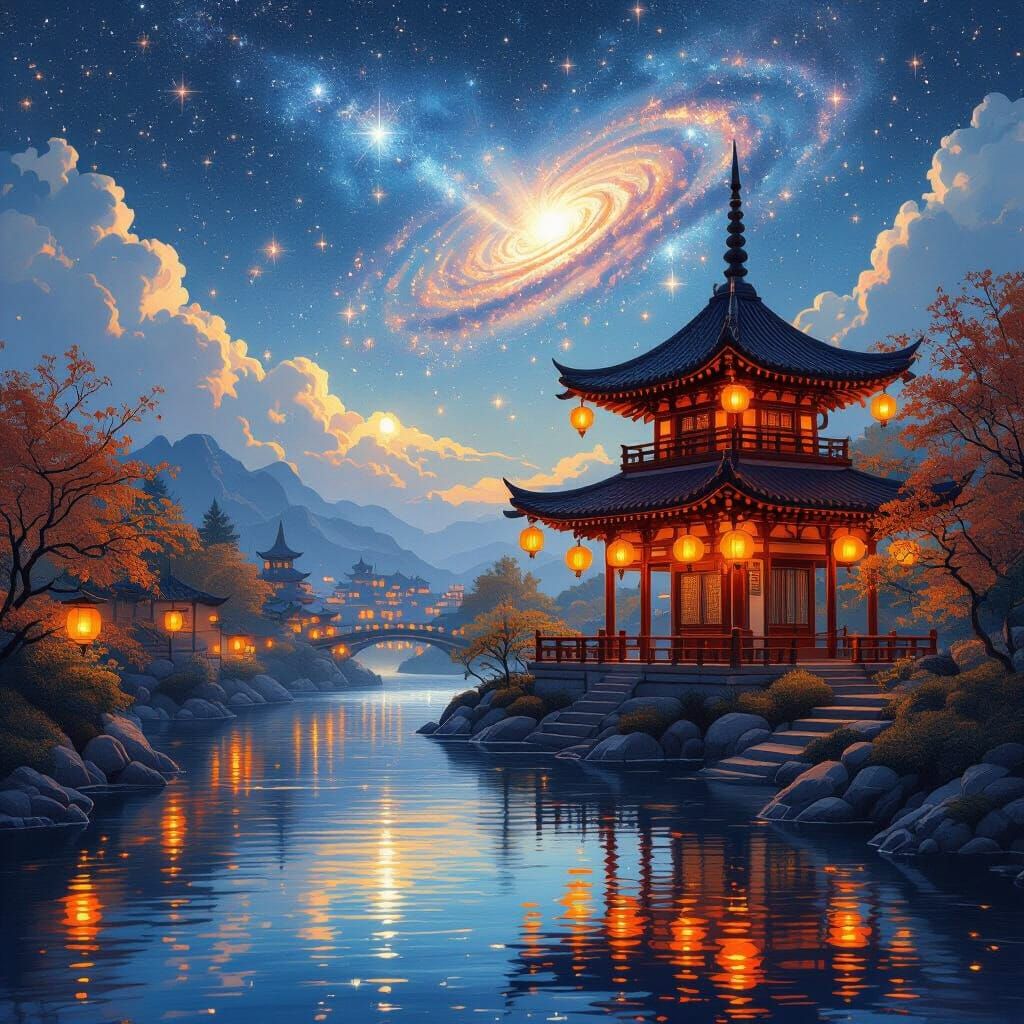 Autumn River Pagoda Under Celestial Night Sky