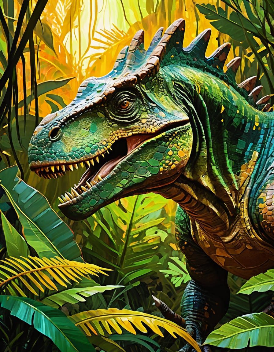 Green and Brown Dinosaur in Jurassic Jungle