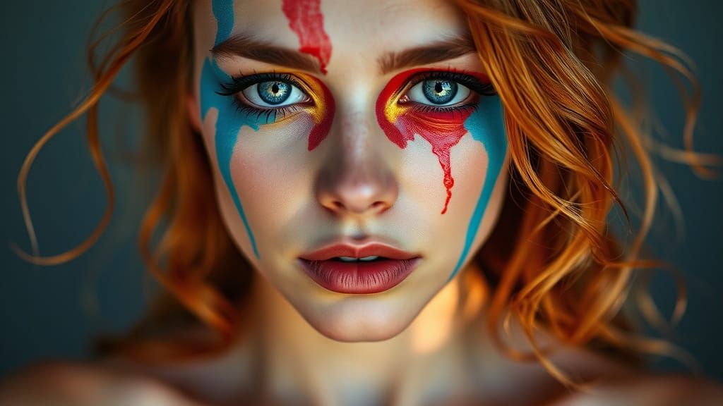 Woman in Colorful Paint Mask, Hyperrealistic Art