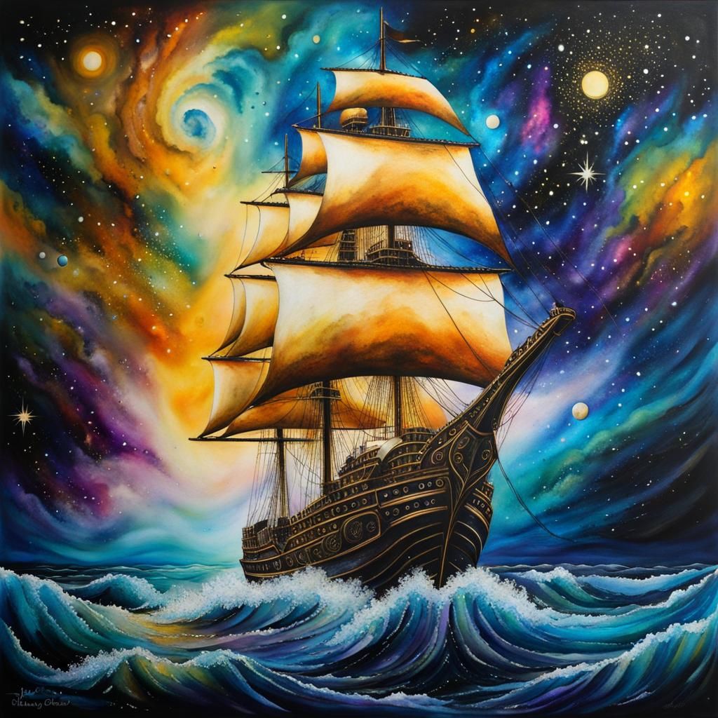 Magical Flying Ship Sailing Through Galaxies