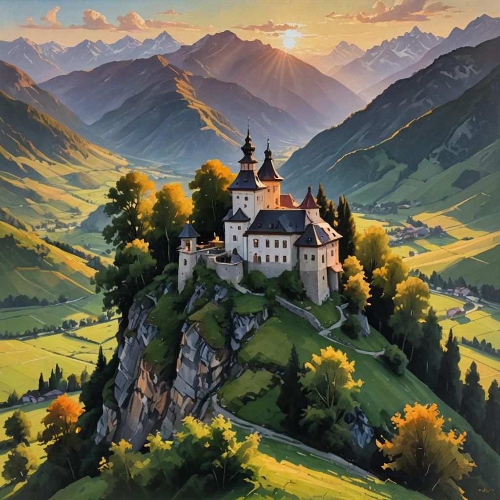Austrian Castle Sunset: Award-Winning Oil Painting