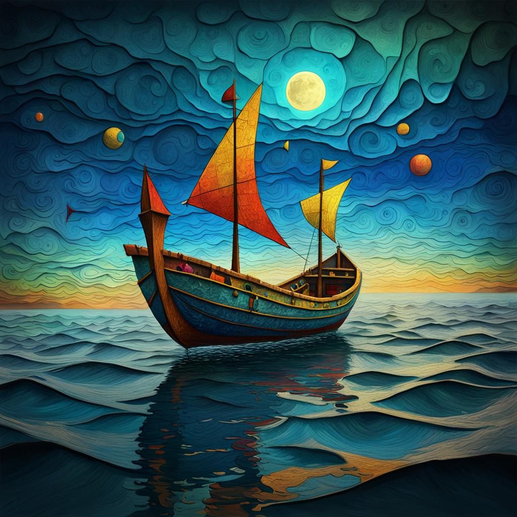 Ocean Boat in Style of Paul Klee