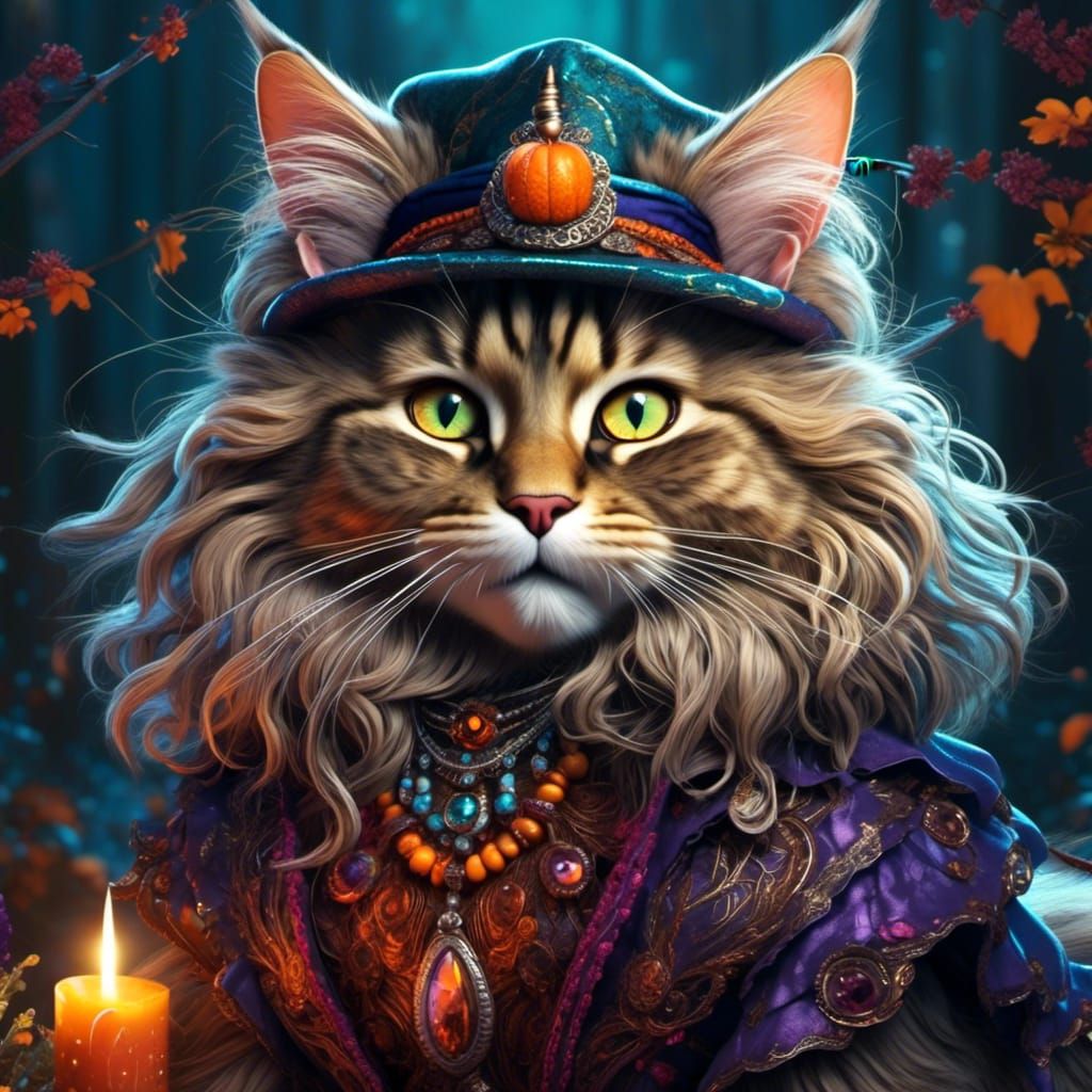 Anthropomorphic Siberian Cat Witch in Detailed Illustration