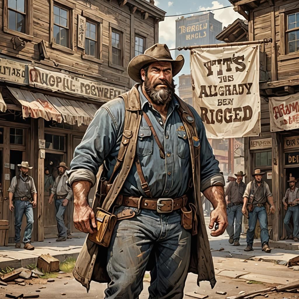 Rugged Man with Banner in Western Town