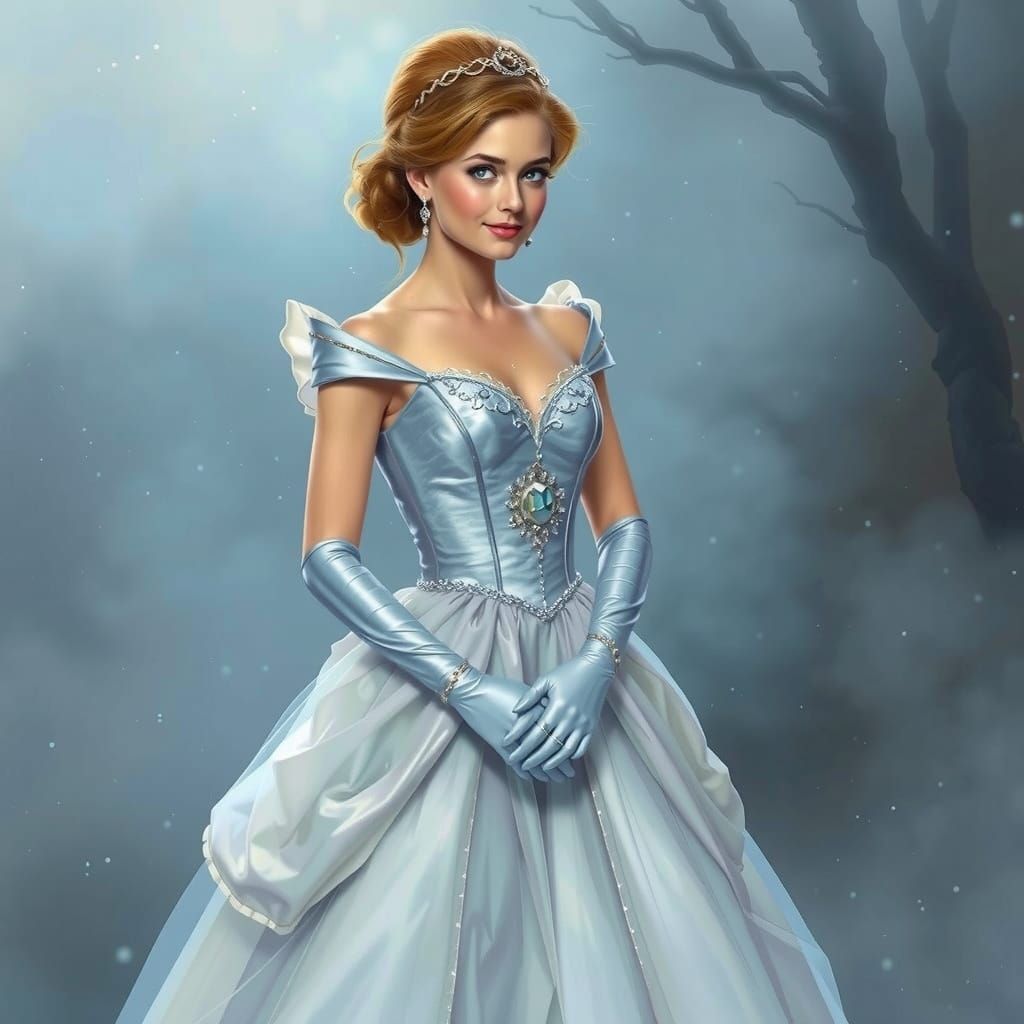 Cinderella in Silver Gown Amidst Ethereal Mist
