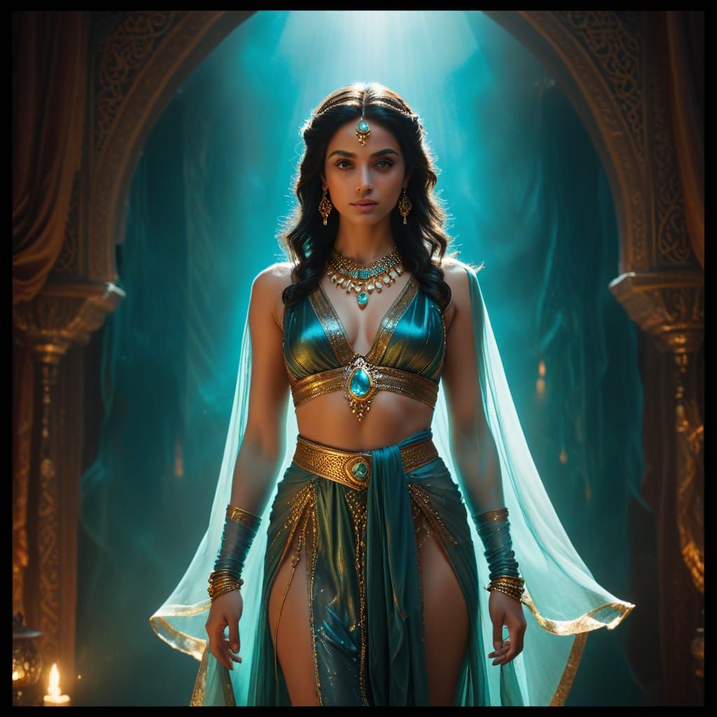 Teal Genie in Cinematic Oil Painting Style