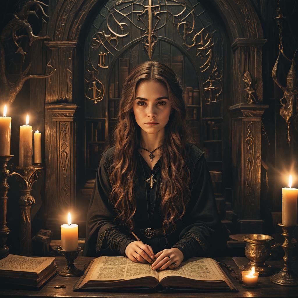 Gothic Fantasy Witch Portrait in Dimly Lit Chamber