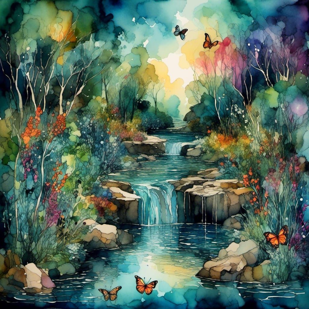 Astral Lagoon with Cascading Water and Butterflies