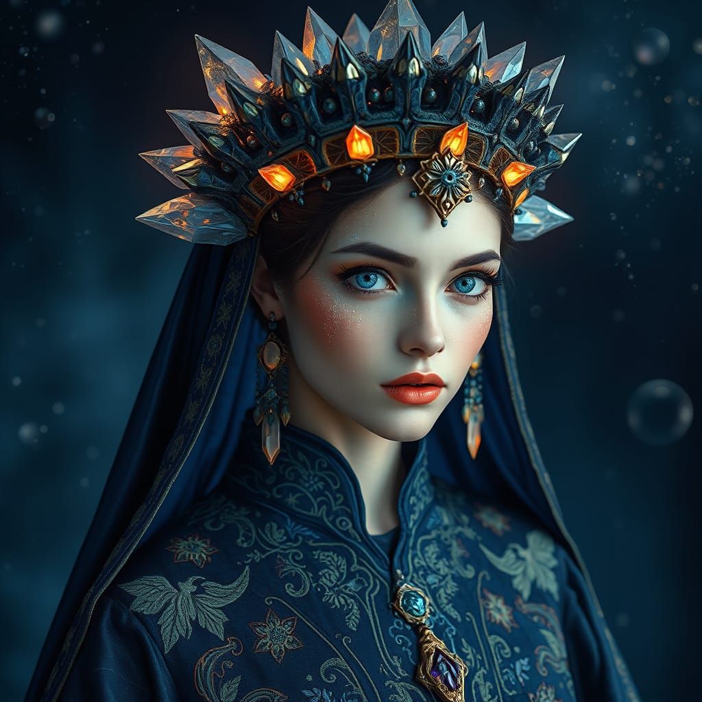 Cosmic Sorceress in Midnight Blue Robes Adorned with Glowing...