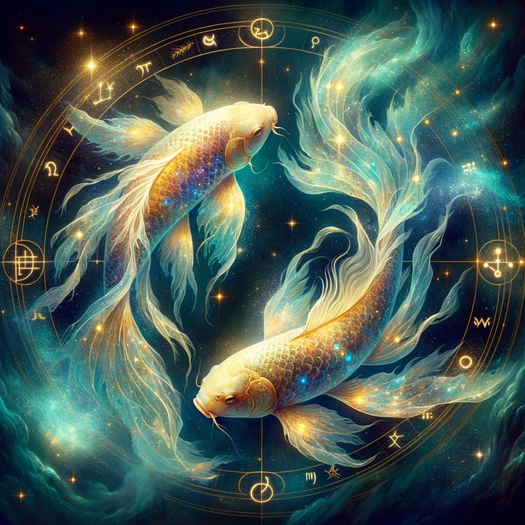 Celestial Koi Fish Swim Through Zodiac Galaxy