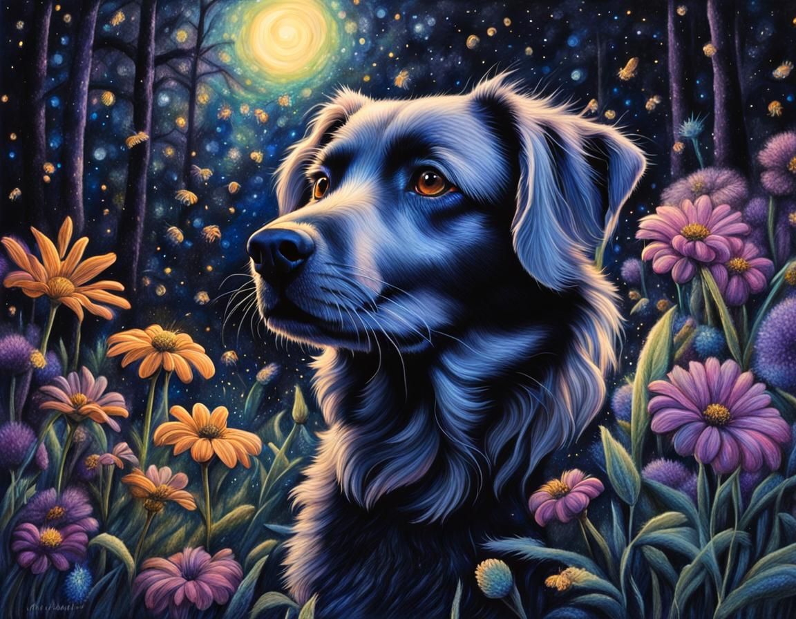 Dog Playing in Forest at Night: Charcoal Drawing