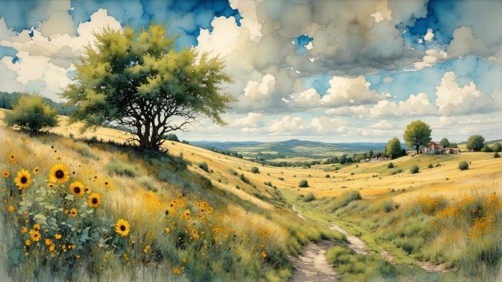 Summer Scrubland Painting in Arthur Rackham Style