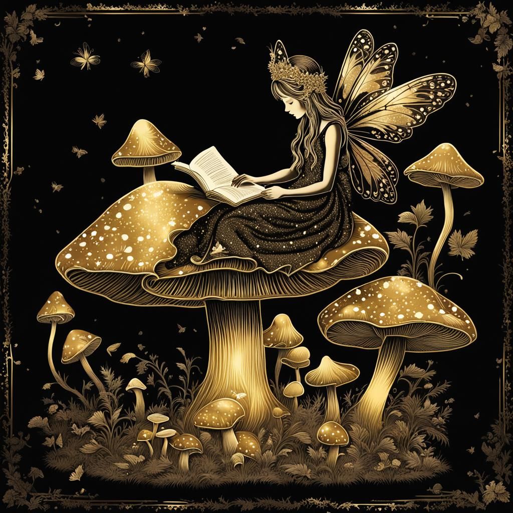 Fairy Reading Book on Mushroom Silhouette in Gold Foil
