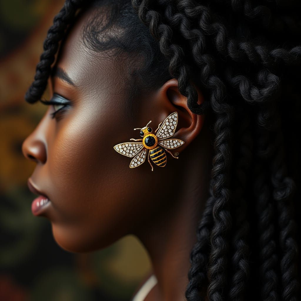 Vibrant Jamaican Woman Adorned with a Yellow Bee Hair Pin