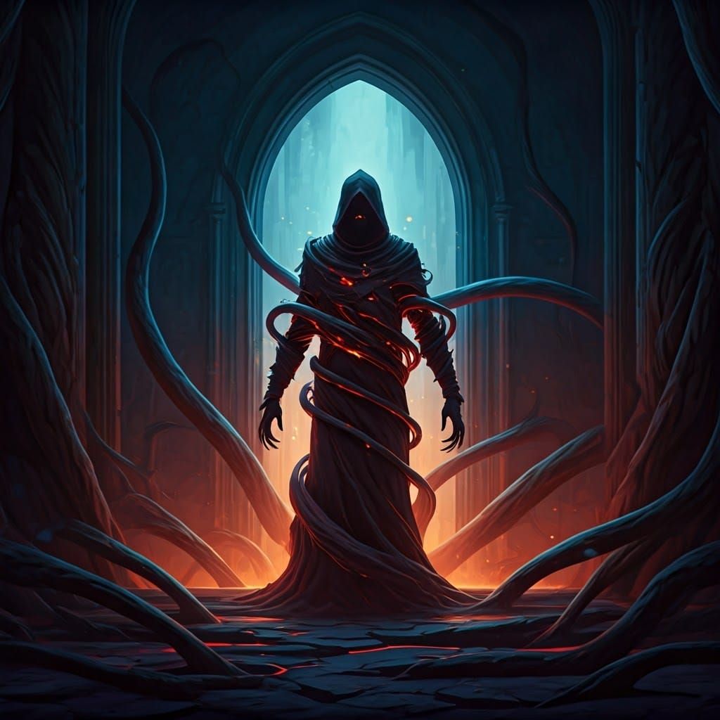 Otherworldly Entity Consumes Figure in Mystical Realm