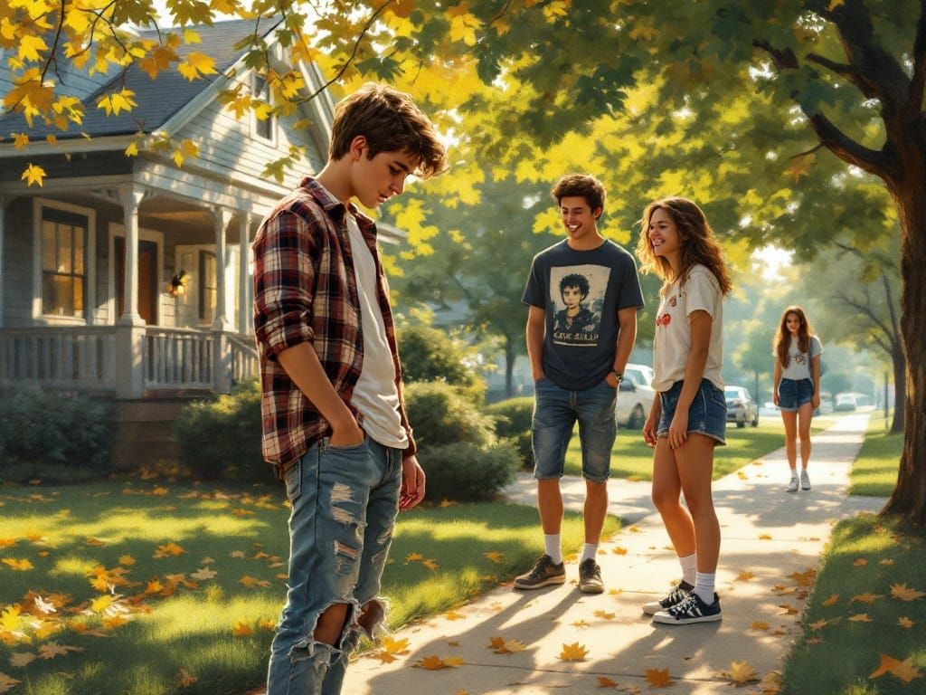 Nostalgic Suburban Scene with Pensive Teenager