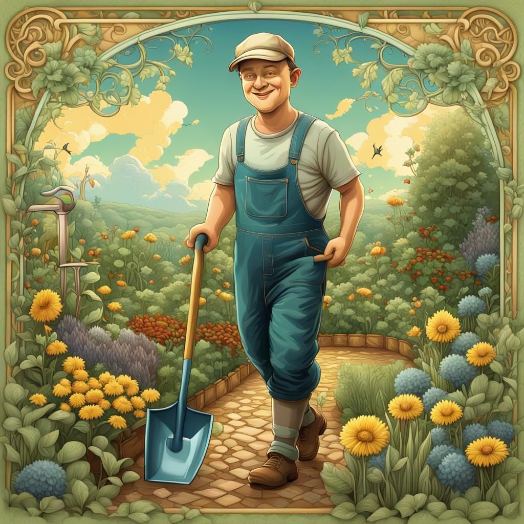 Happy Hairless Gardener in Art Nouveau Style