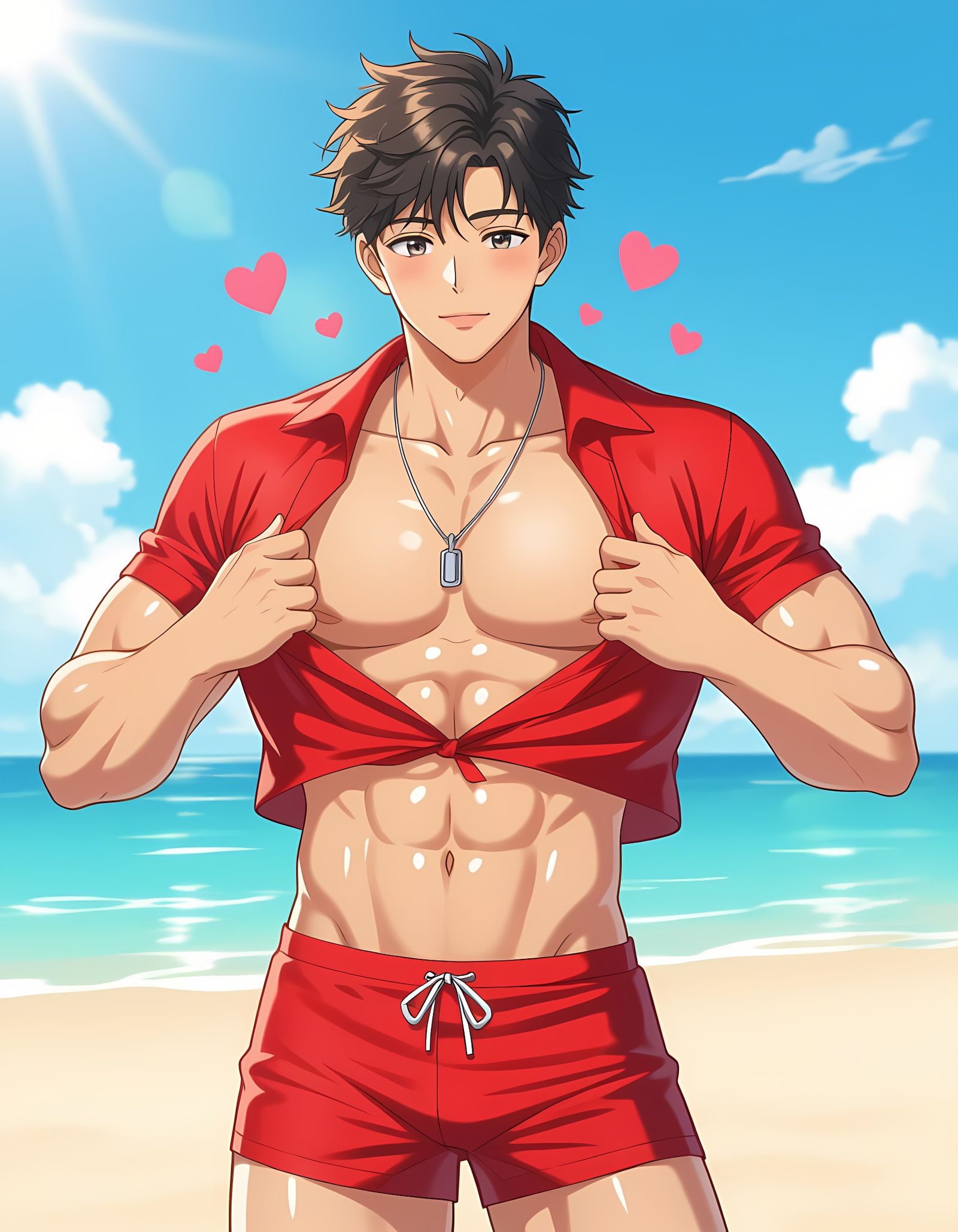 Tanned Lifeguard on Beach in Bara Anime Style