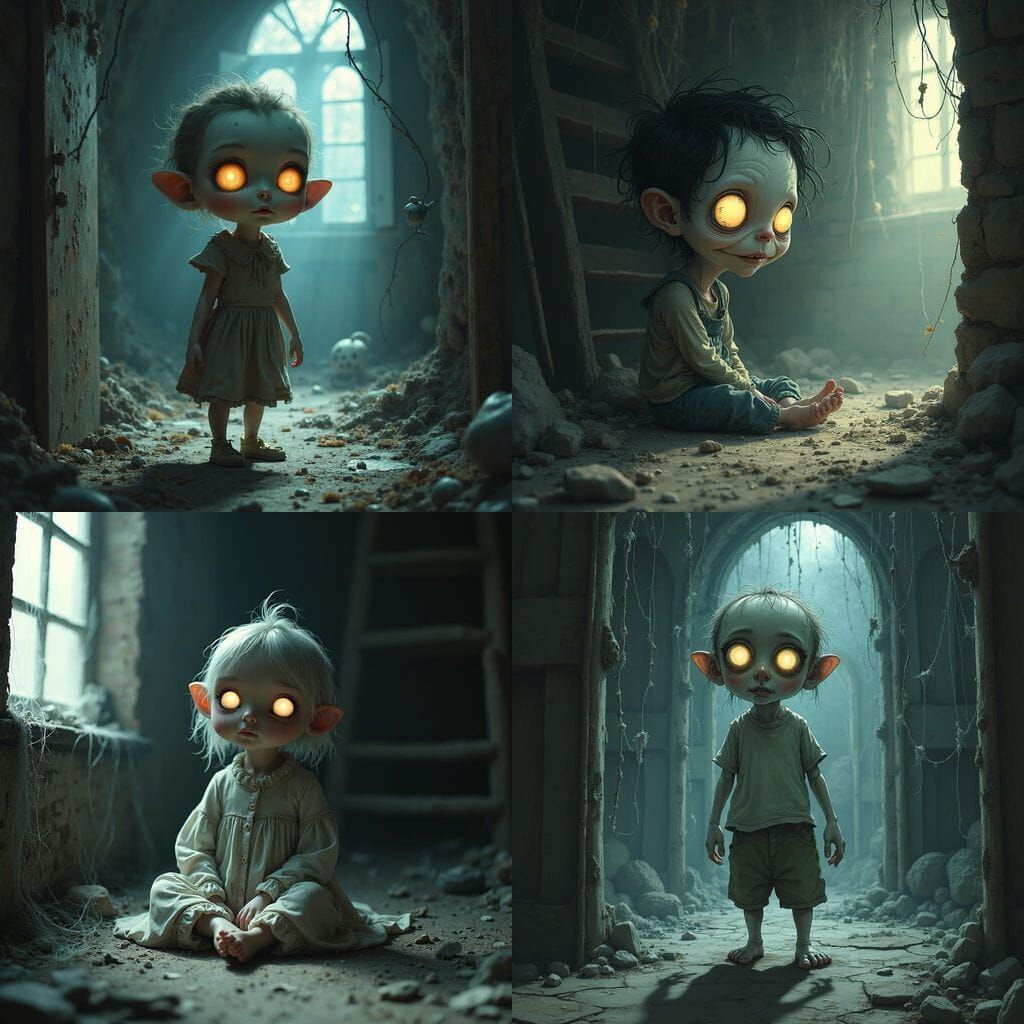 Pale Child in Dusty Attic, Dark Fantasy Cartoon Style