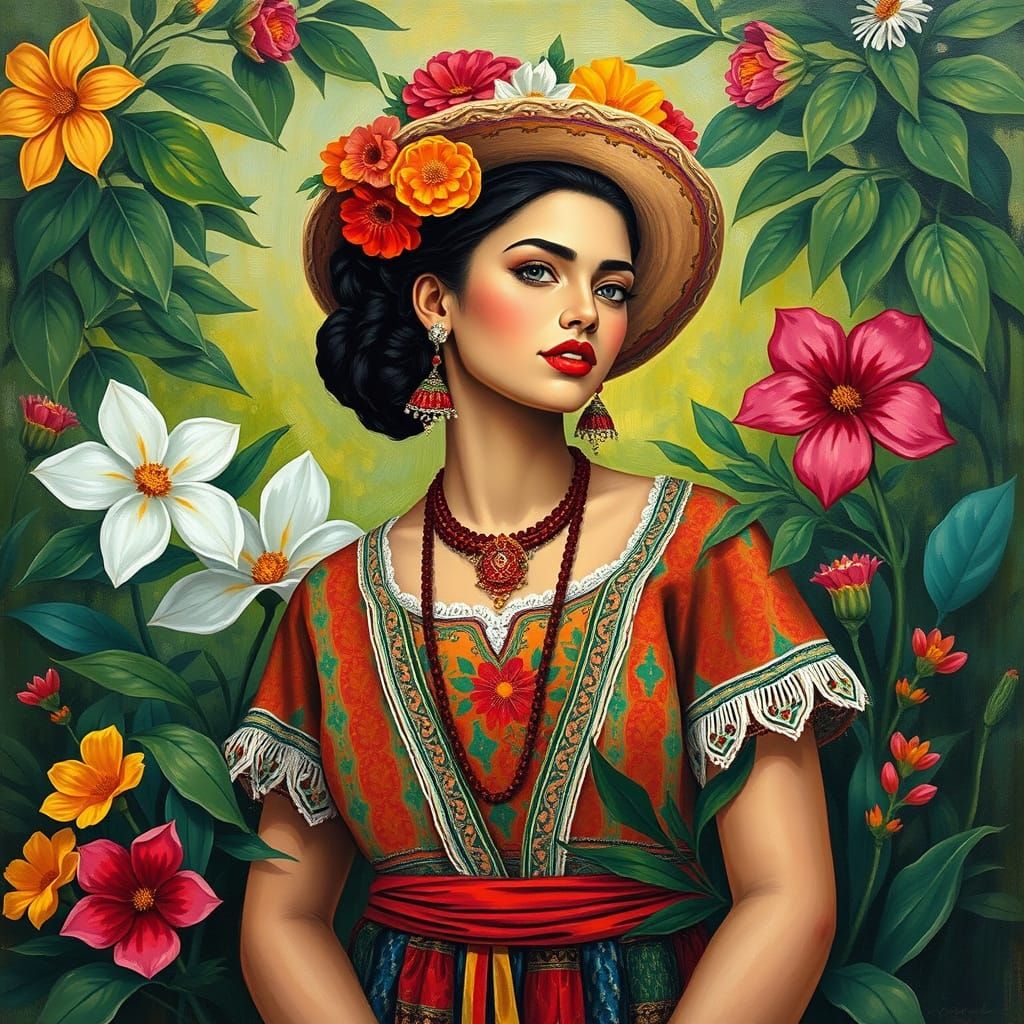 Woman in Mexican Dress Surrounded by Flowers