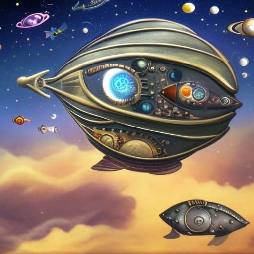Steampunk Fish Spaceship Soaring Through Space