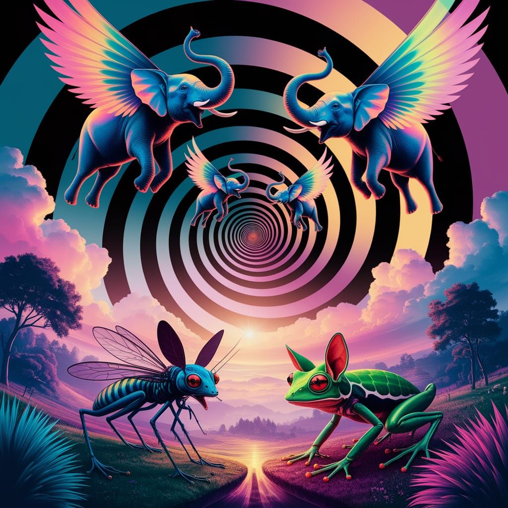 Surreal Geometric Art Depicting Vibrant Flying Elephants