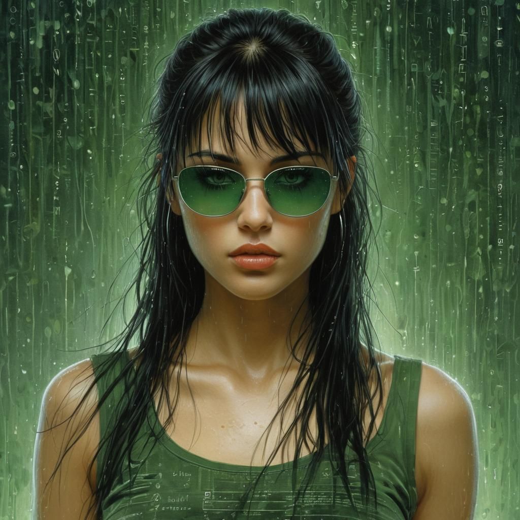 Futuristic Woman in Matrix Rain, Digital Portrait