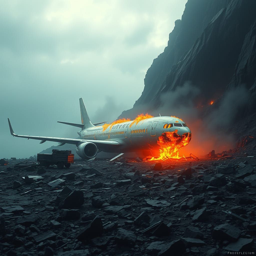 Airliner Wrecks on Rocky Terrain in Futuristic Landscape
