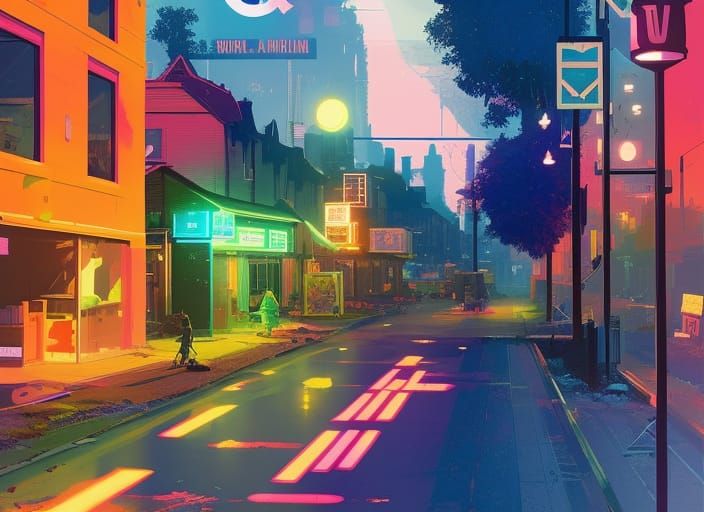 Solarpunk Scottish Town Main Street in Lo-Fi Style