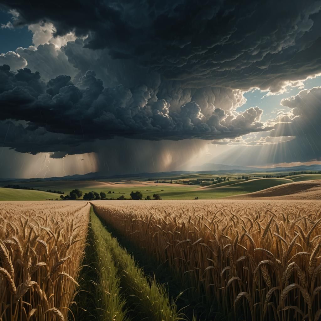 Sweeping Wheat Fields Under Stormy Skies