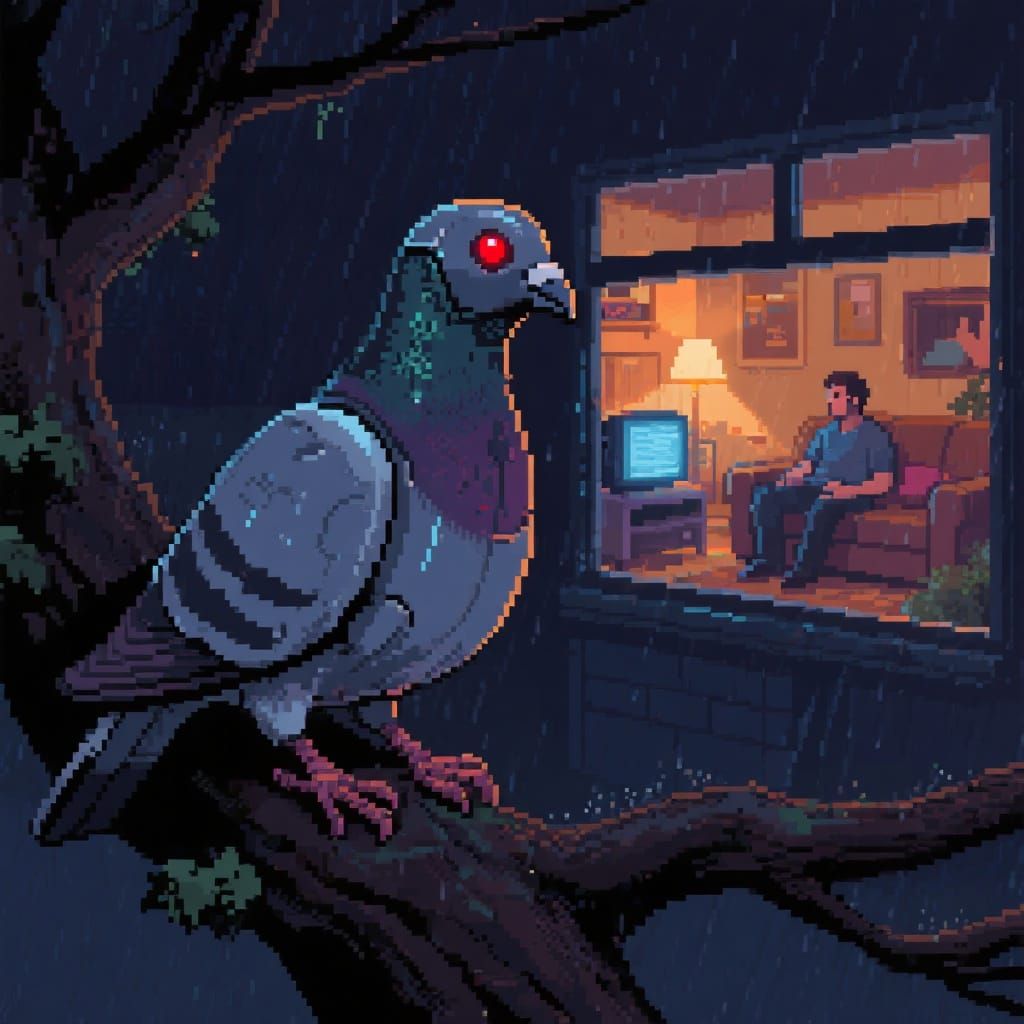 Robotic Pigeon Spy in Pixel Art Style