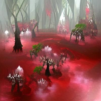 Eerie Blood Mist Forest Landscape