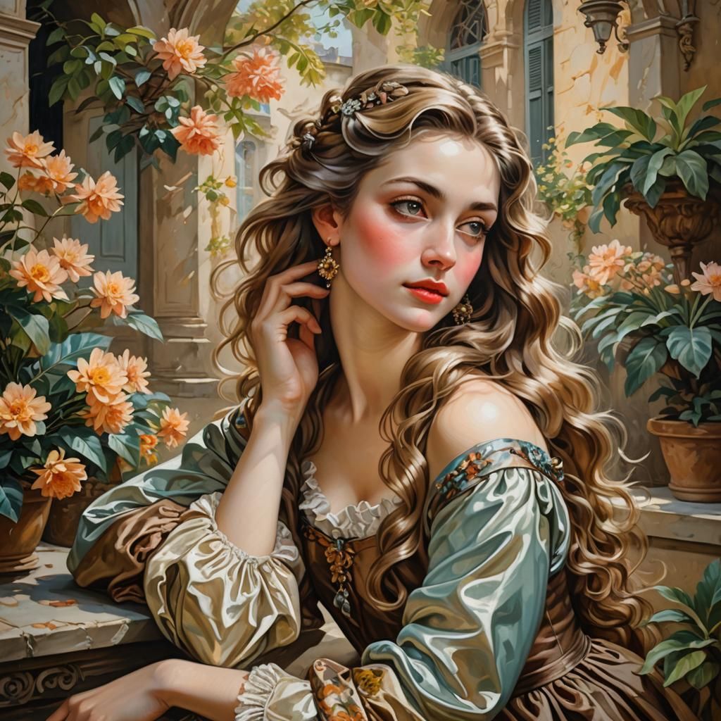 Woman Relaxing in Courtyard: Boucher Style