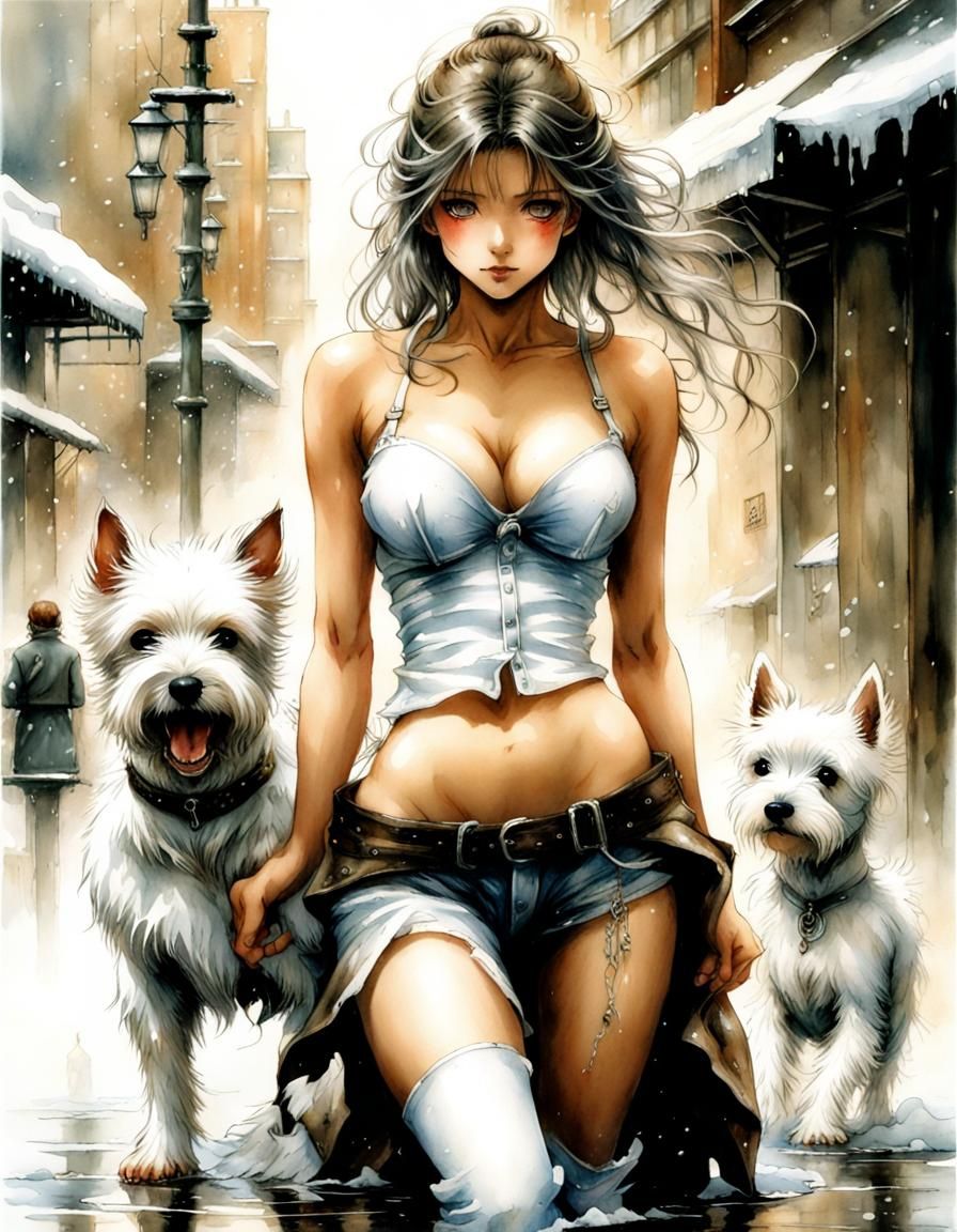 Girl and Westie in Watercolor Street Art