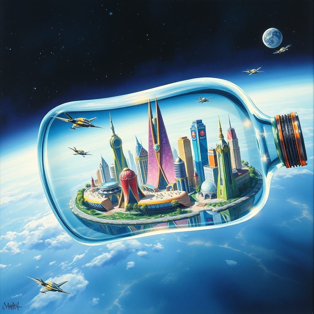 Giant Glass Bottle Cityscape in Space with Futuristic Flying...