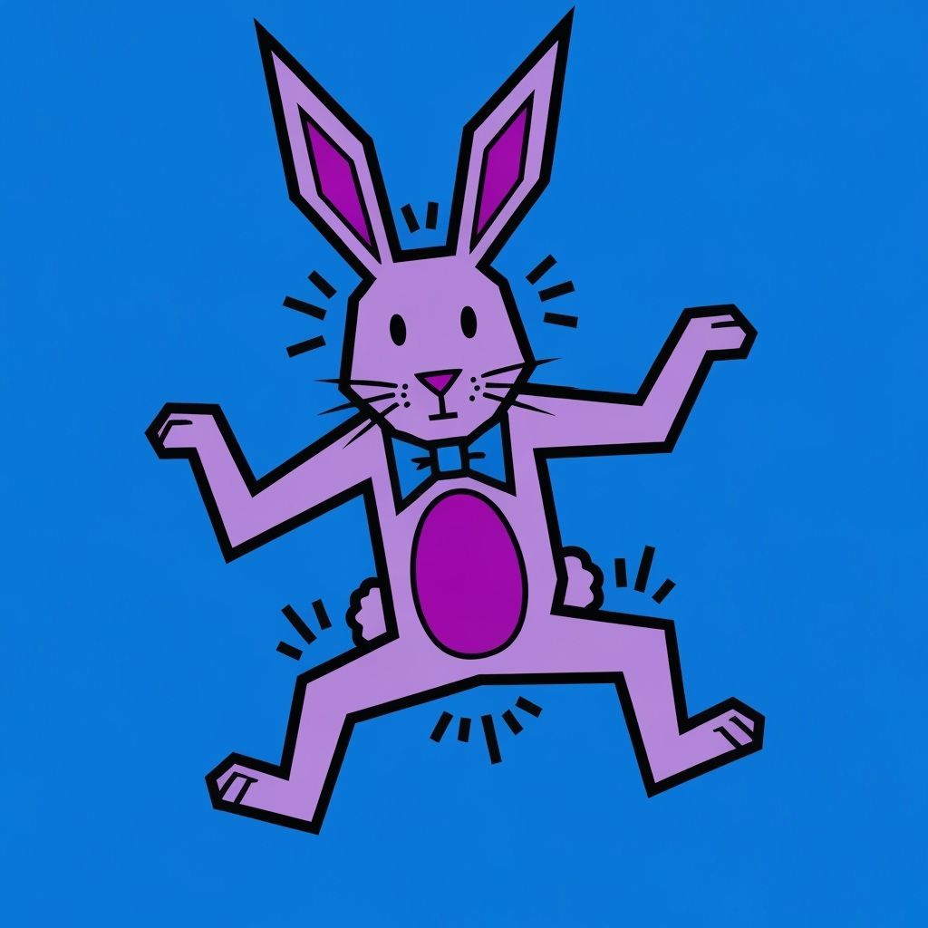 Pop Art Purple Rabbit with Bow-Tie in Haring Style