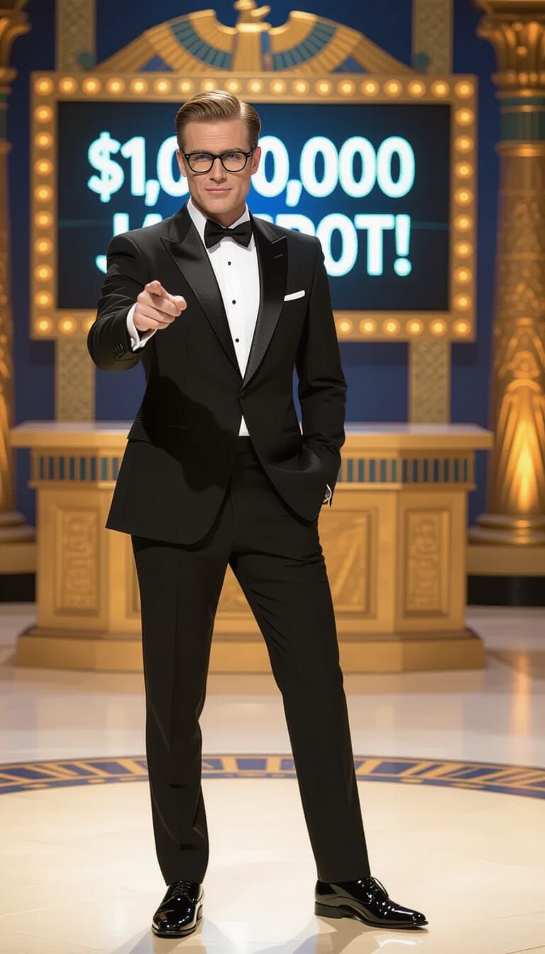 Game Show Host on Egyptian Set in Hyperrealism