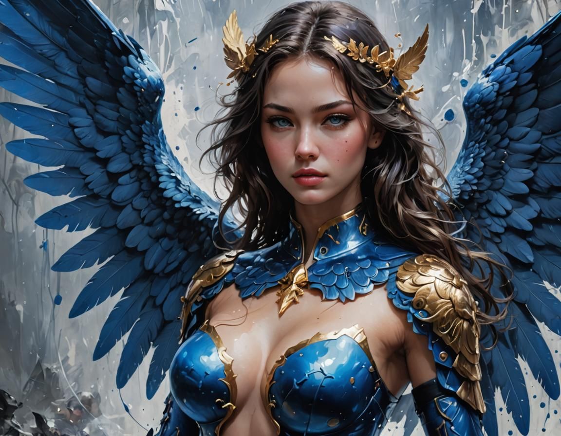 Blue Angel Portrait with Ink and Splash Art