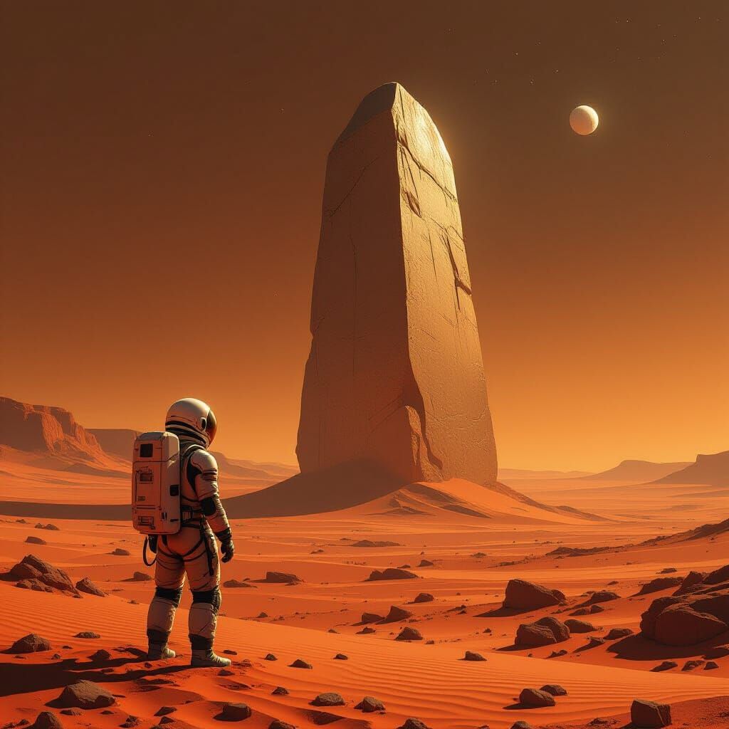Astronaut on Mars Gazes at Alien Monolith in Retro Sci-Fi St...