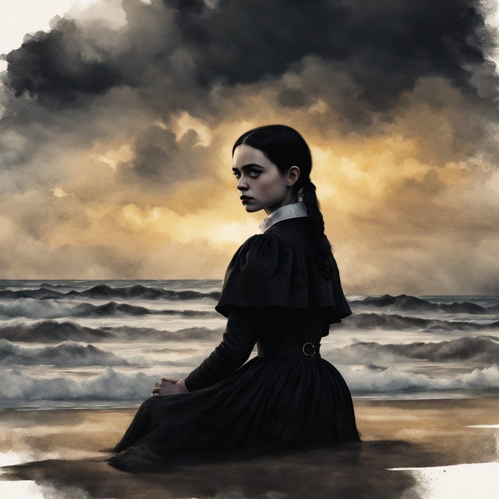 Wednesday Addams Portrait in Chiaroscuro Watercolor Style