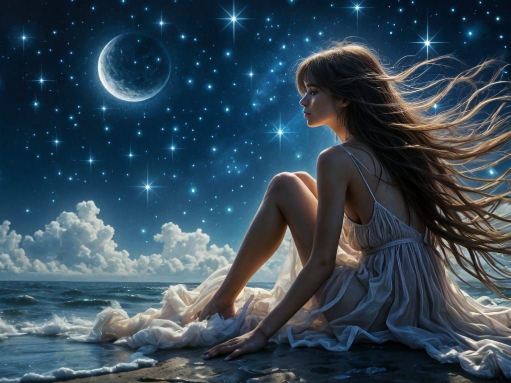 Woman Gazing at Starry Night Sky Painting
