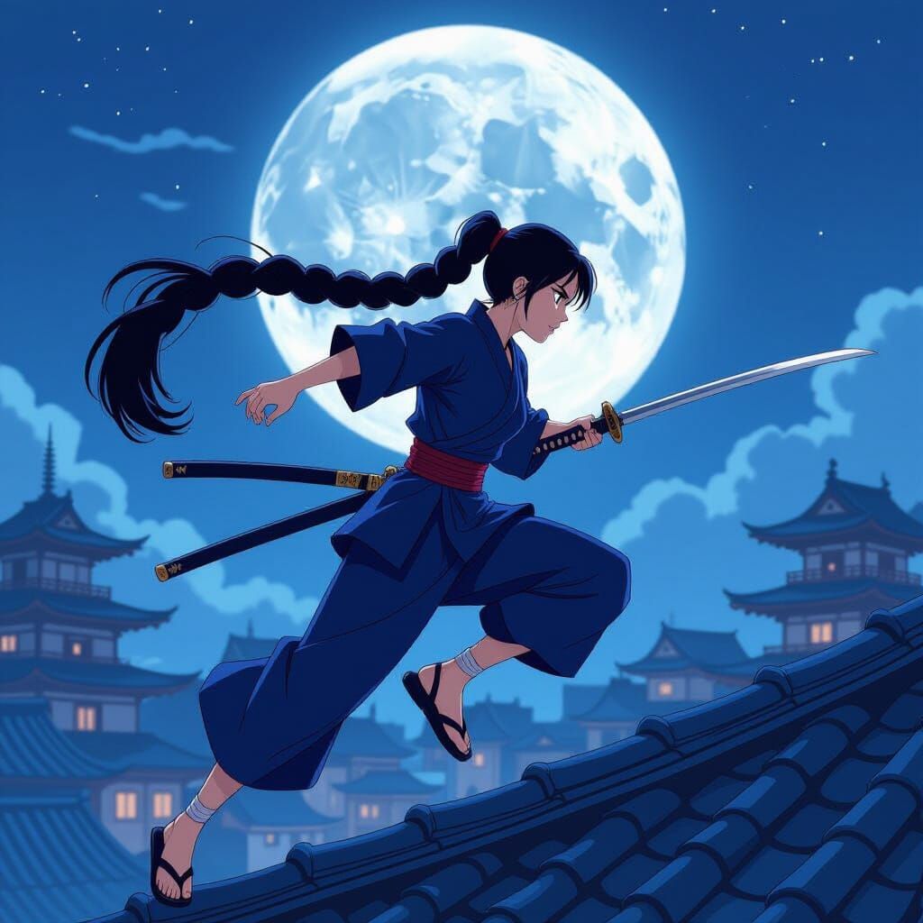 Ninja Woman Sprinting on Rooftops in Full Moon