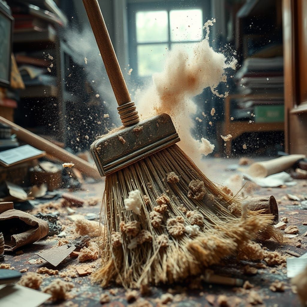 Chaotic Broom Creates Mess: Hyperrealistic Digital Art