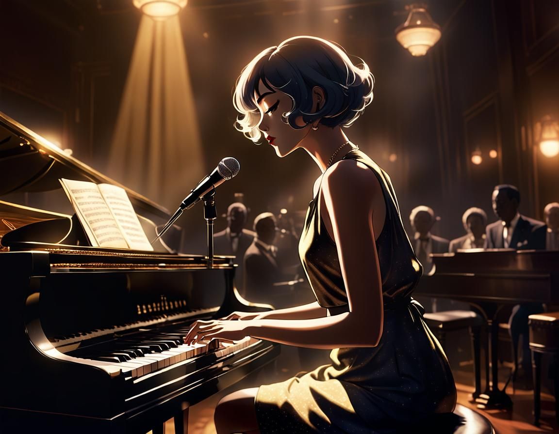 Anime Singer Performing in Dimly Lit Jazz Club