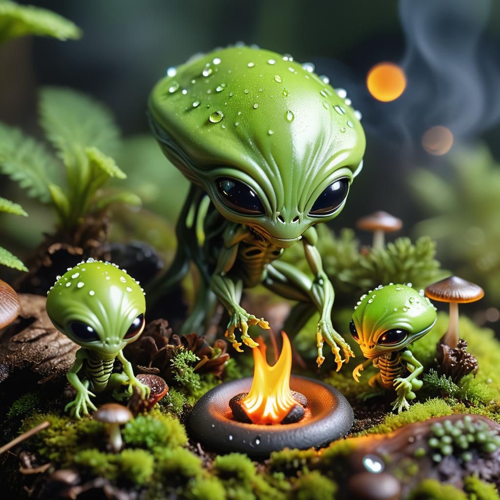 Realistic Aliens at Tiny Campsite with UFO: Macro Photograph...