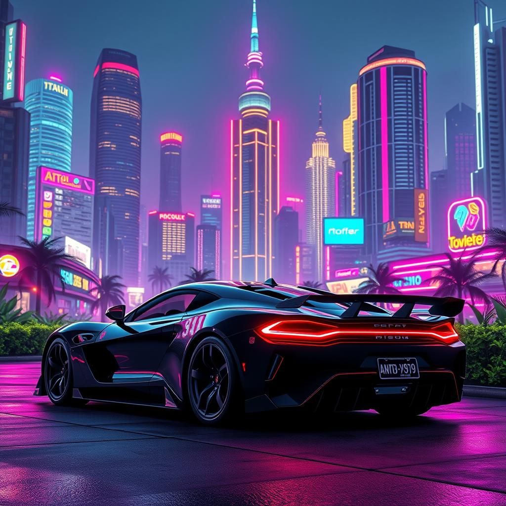 Retro-Futuristic Car in Cyberpunk Cityscape