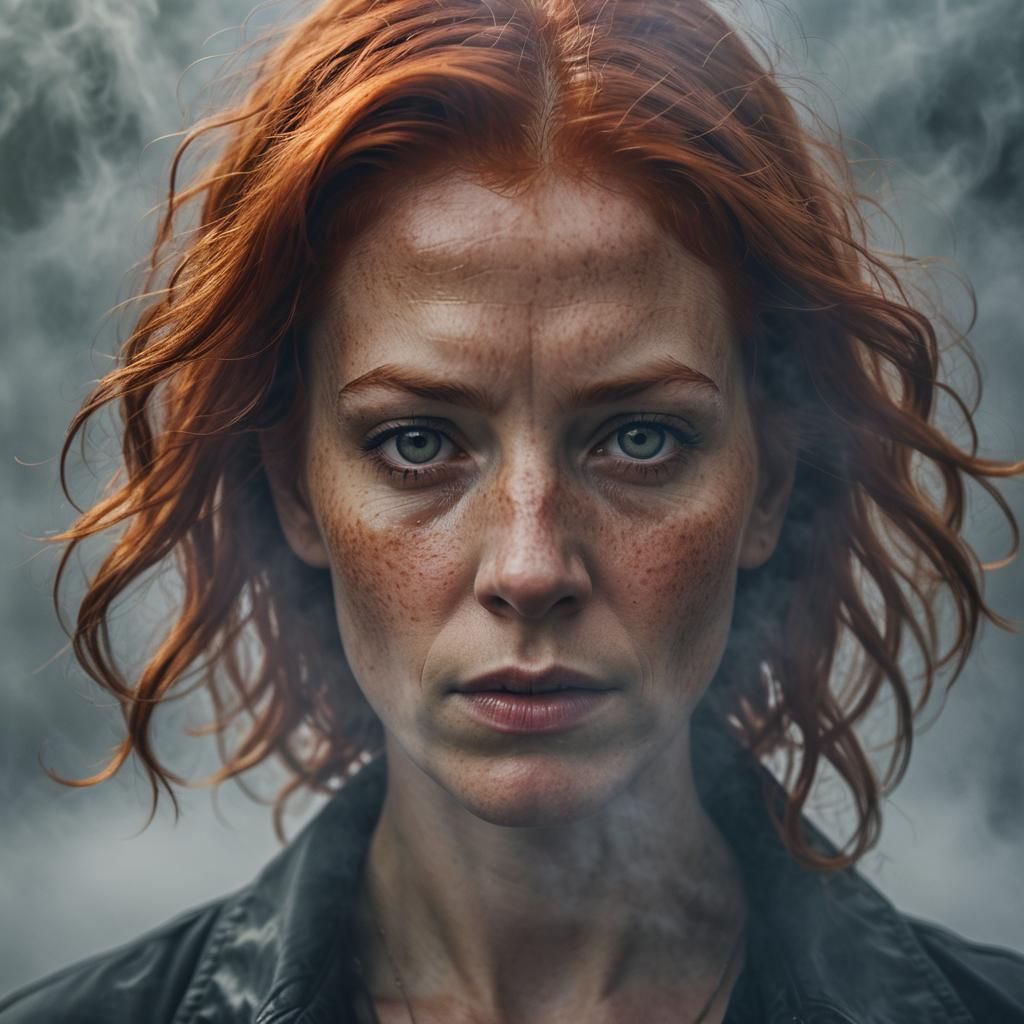Fiery Red Hair Emerges from Fog, Close-Up Portrait
