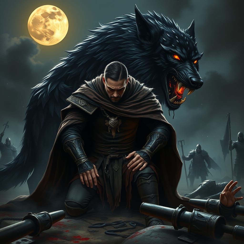 Warrior and Majestic Black Wolf in Moonlit Medieval Battle